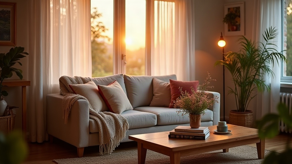 A warm, well-kept living room at golden hour